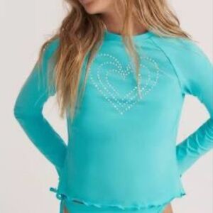NEW LoveShackFancy x Hurley Girls Long Sleeve Rashguard Blue Heart Gem Sz S NWT